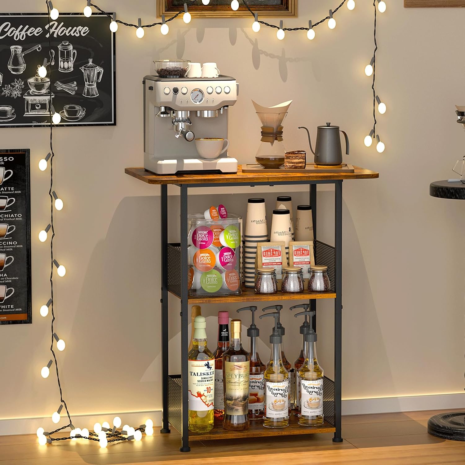 Desk Setup Wood - Mini Floor Standing Coffee Bar Shelf,3-Tier